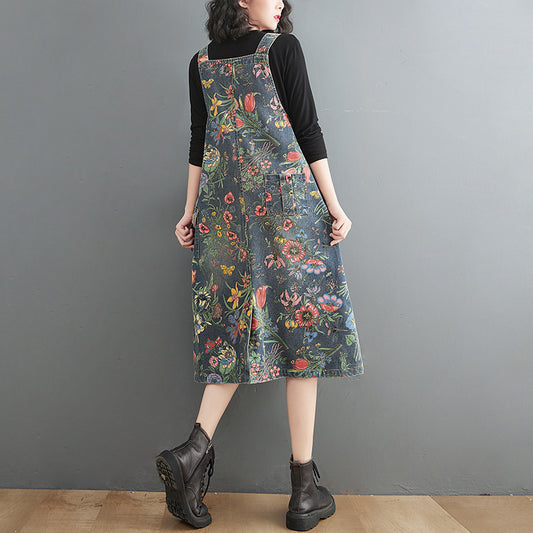 Artistic Style Floral Denim Suspender Skirt