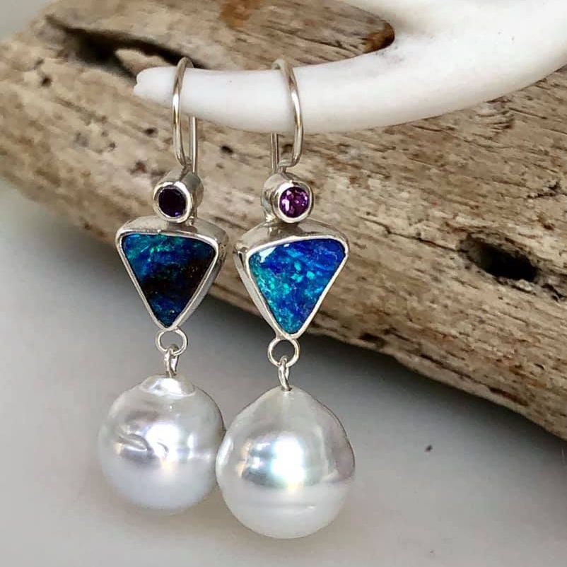 Purple Cuckoo Felsenmeer Blue Opal Pearl Earrings