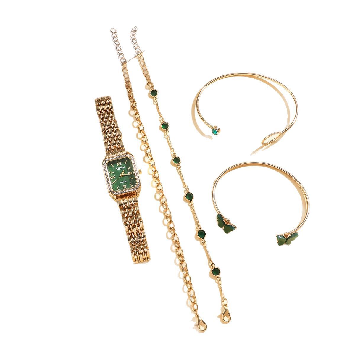 Wild Emerald Square Watch and Butterfly Bracelets 5pcs Set