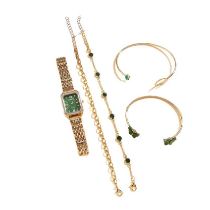 Wild Emerald Square Watch and Butterfly Bracelets 5pcs Set