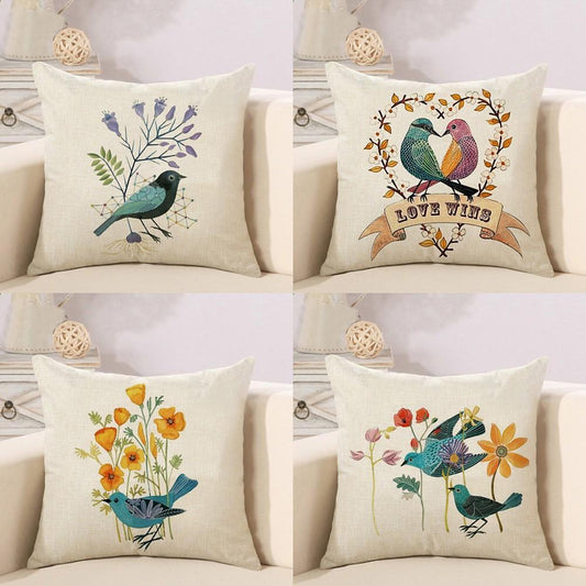 Linen Flower and Birds Cushions