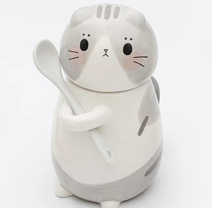 Hand Painted Cute Cat Ceramic Mug With Spoon