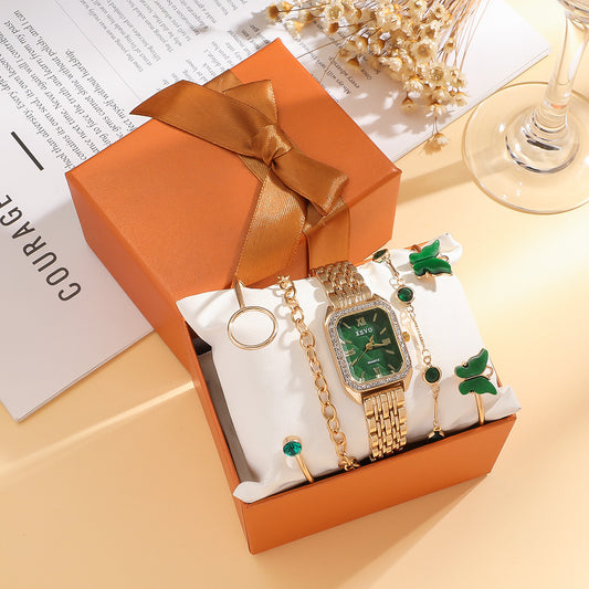 Wild Emerald Square Watch and Butterfly Bracelets 5pcs Set