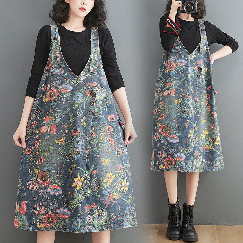 Artistic Style Floral Denim Suspender Skirt