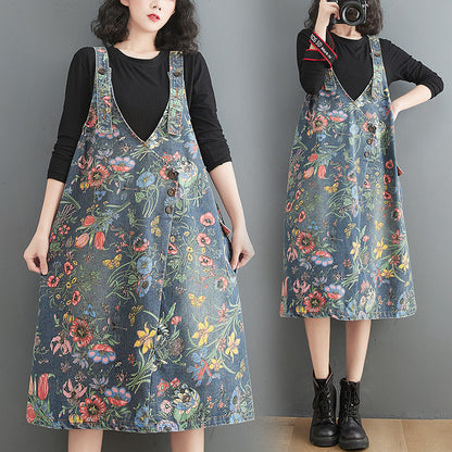 Artistic Style Floral Denim Suspender Skirt