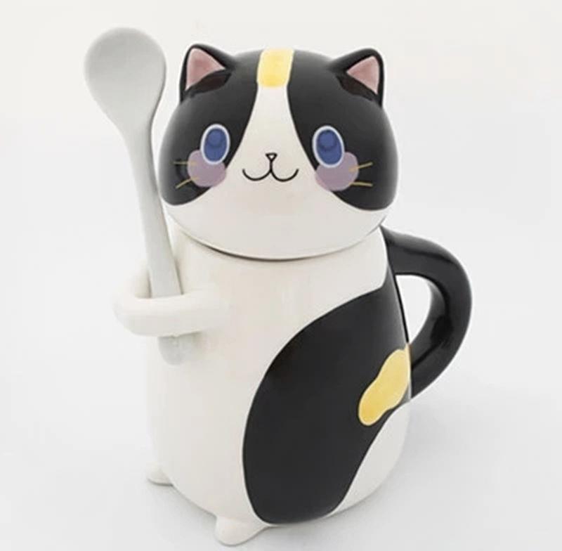 Hand Painted Cute Cat Ceramic Mug With Spoon