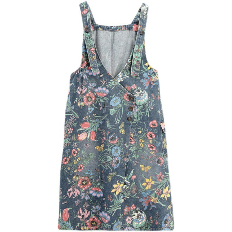 Artistic Style Floral Denim Suspender Skirt
