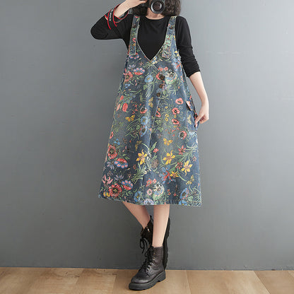 Artistic Style Floral Denim Suspender Skirt